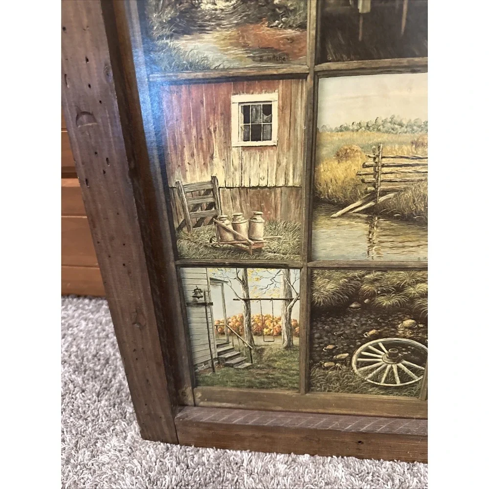 VTG HOMCO HOME INTERIORS B MITCHELL 12 WINDOW PANE PICTURE FALL RUSTIC